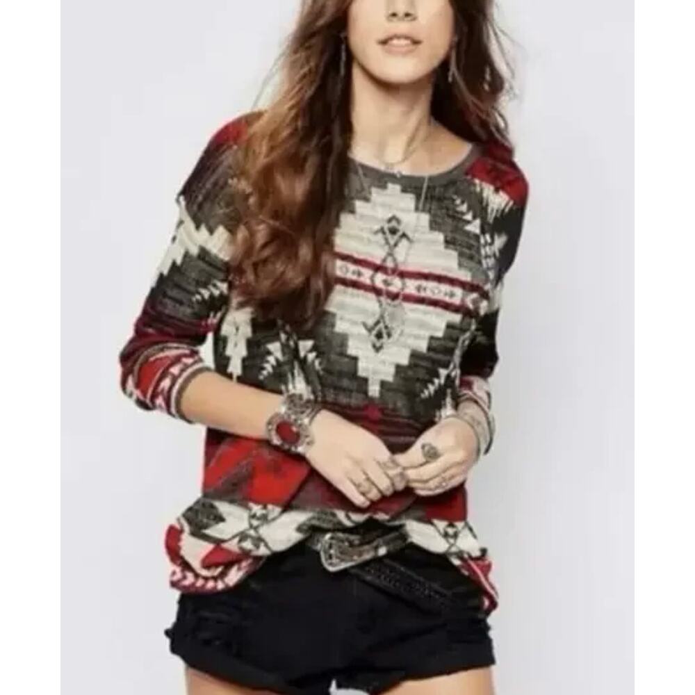 VINTAGE Denim & Supply Ralph Lauren Women's XS Red Geometric Aztec Sweater - Picture 2 of 8